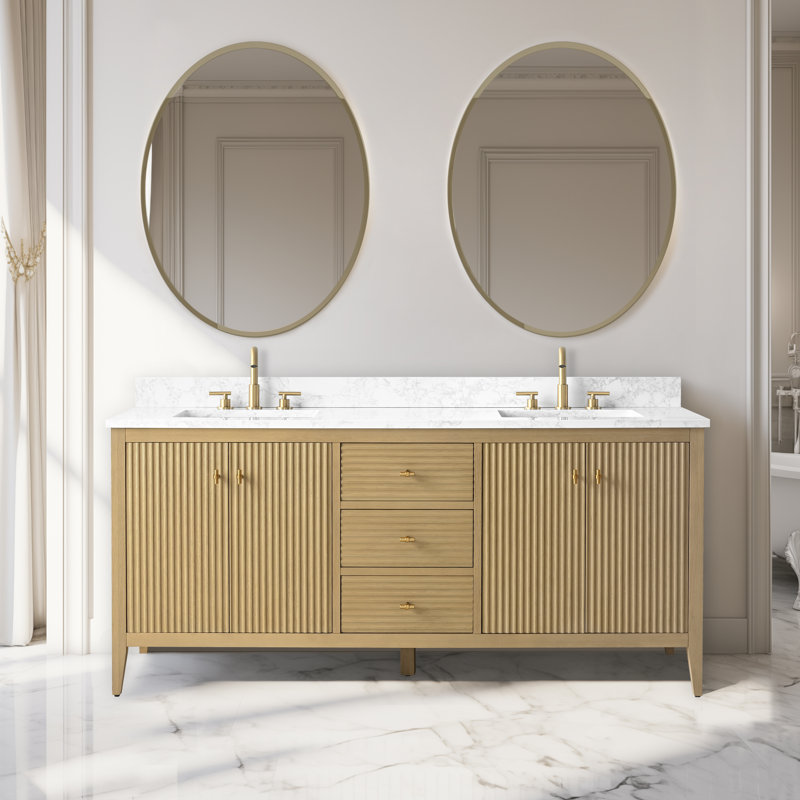 Laval 72" Double Sink Freestanding Bathroom Vanity with Engineered Marble Top, Linear Natural Oak, Golden Brushed