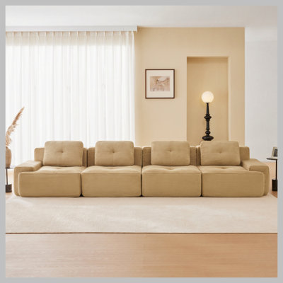 153" Modern Modular Sectional Sofa for Living Room, Corduroy Fabric,4-Seater Couch with Deep Seat, Pearl-like piping, Tufted Design, Buckle connection, No Assembly, Anti-slip Design​, Camel