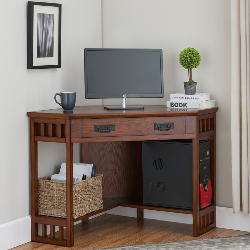 Corner Solid + Manufactured Wood Computer Writing Desk in Mission Oak