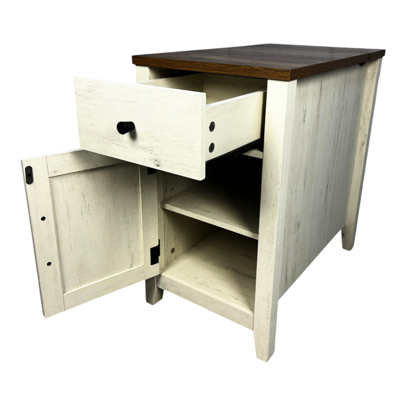 Table de chevet Style avec fonction de chargement - Armoire à tiroirs et porte de grange spacieuse brun + blanc, style, blanc, construction