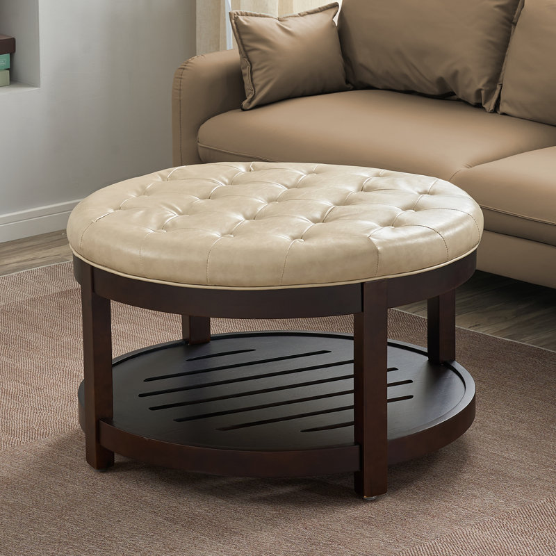 Repose-pieds capitonné avec plateau de rangement Farmhouse, Similicuir beige