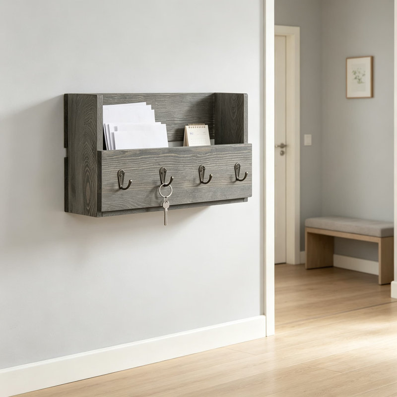Porte-courrier et porte-clés suspendus en bois rustique gris pour mur, lettres décoratives et organisateur de trieur de courrier avec crochets