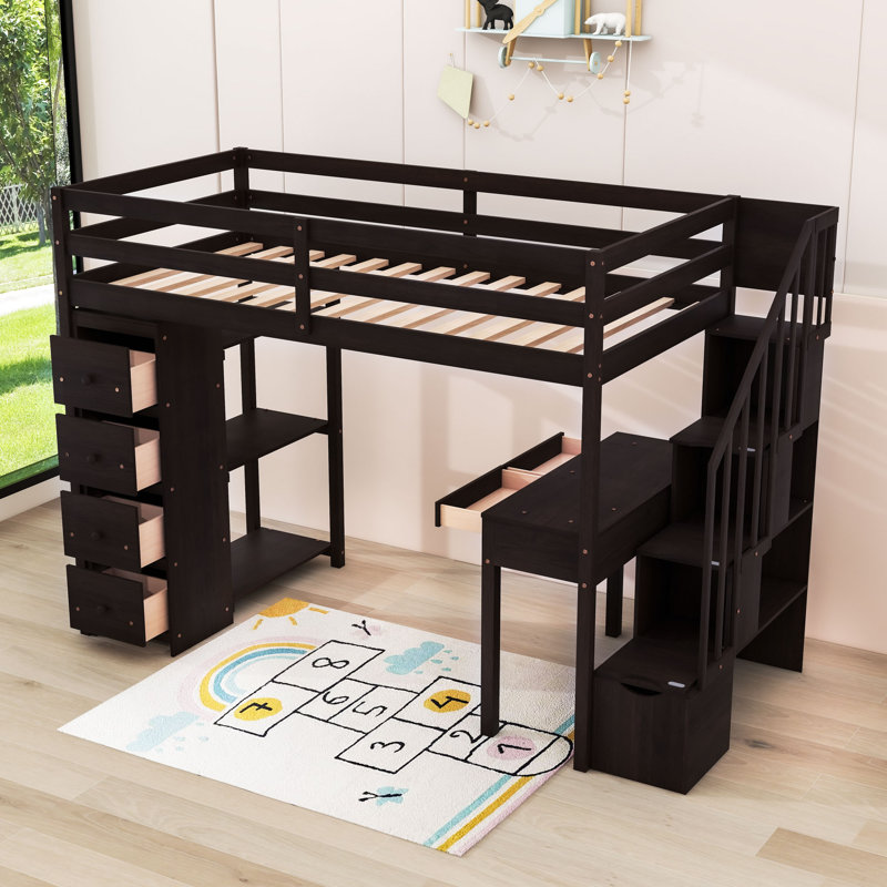 6 Drawers Twin Loft Bed With Desk, Shelves, Storage Staircase And Safety Guardrails, Espresso