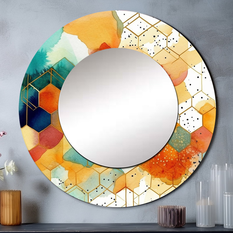 Colorfull Hexagone I - Abstract Shapes Large Wall Mirror, Modern Round Unique Mirror, Printed Metal Art, 23" x 23"