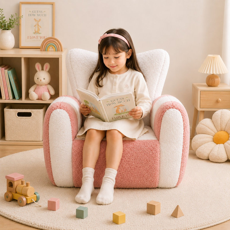 Double-Color Striped Large Size Teddy Fabric Bean Bag Chairs, Kid Size, White/Pink