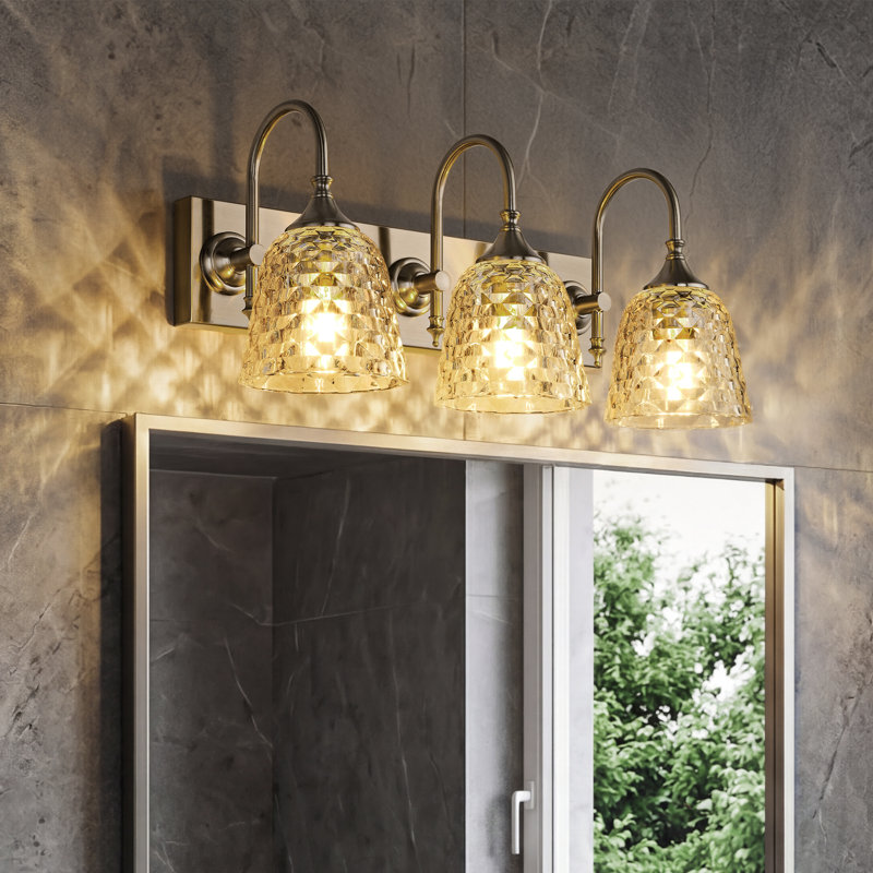 Éclairage de salle de bain à intensité variable 3 lumières avec verre à motif géométrique, Brushed Nickel