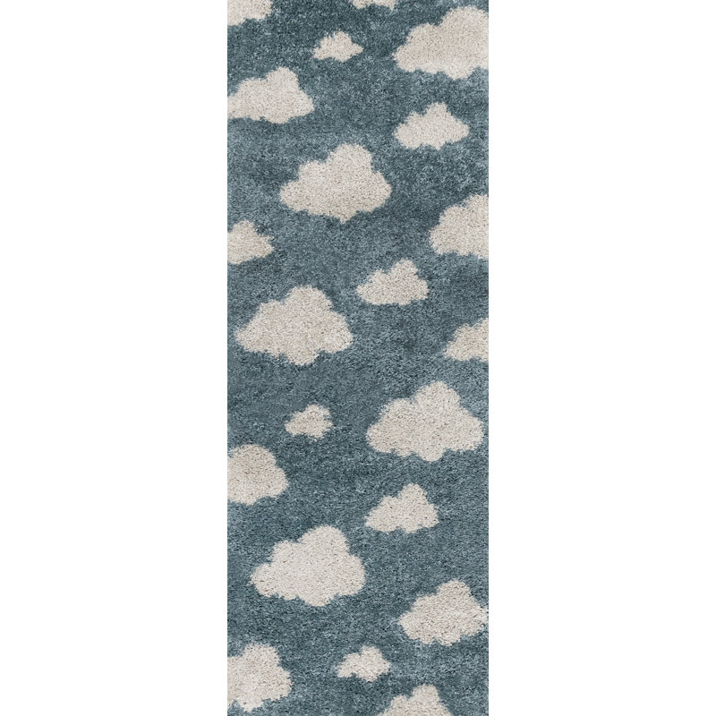 Tapis bleu sarcelle / crème à poils longs Broome Kestner, Cream/Teal, Tapis de couloir 2 pi 2 po x 6 pi 7 po
