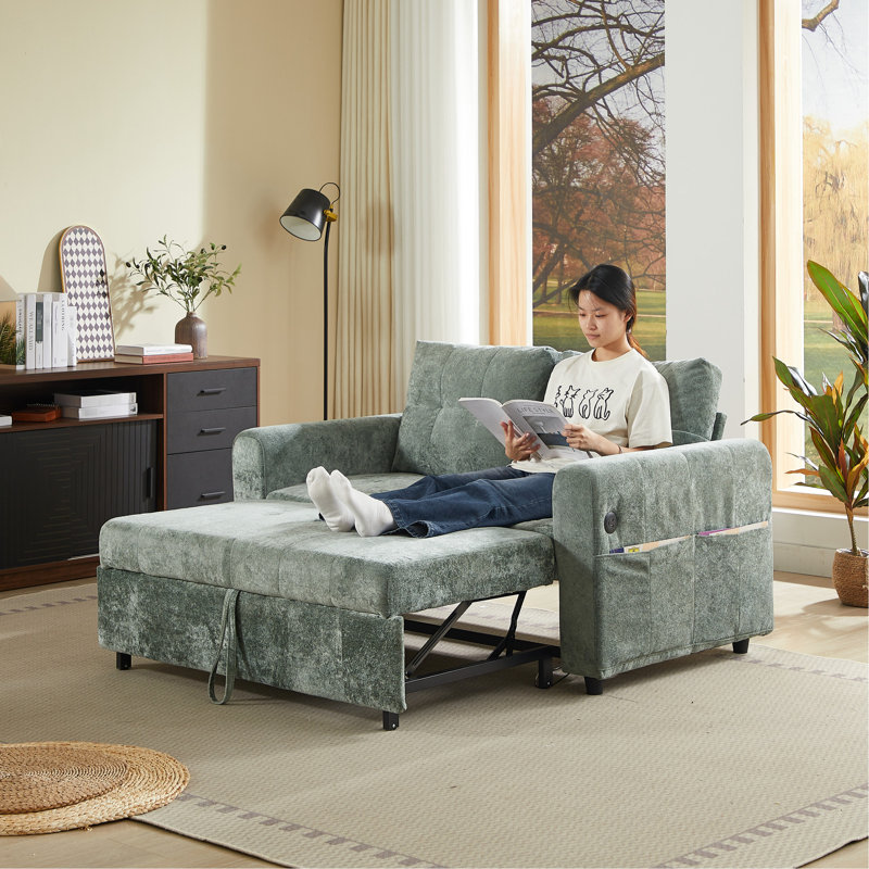 Lit escamotable 59,4 po avec trois ports, réglable, deux coussins lombaires - canapé-lit pour les salons fonctionnels, conversion facile, coussins en chenille douce, espaces harmonieux, peu encombrant,