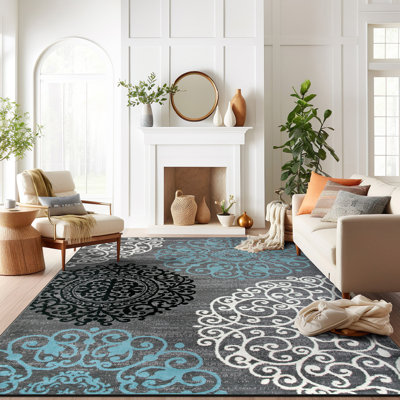 Padowski Floral Grey/Blue/Black Area Rug