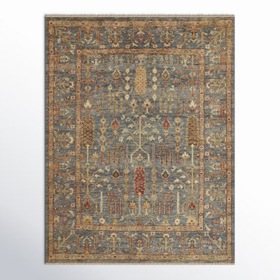 Brandonville Blue Gold Hand-Knotted Oriental Rug