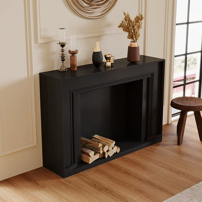 Black Solid + Manufactured Wood Freestanding Fireplace, Black, 35.43" H x 47.24" W x 10.24" D