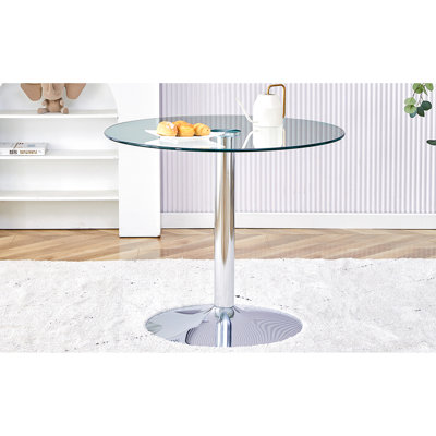 Stylish 35-Inch Round Table With Clear Glass And Robust Silver Metal Legs Tempered Top Leg Structure