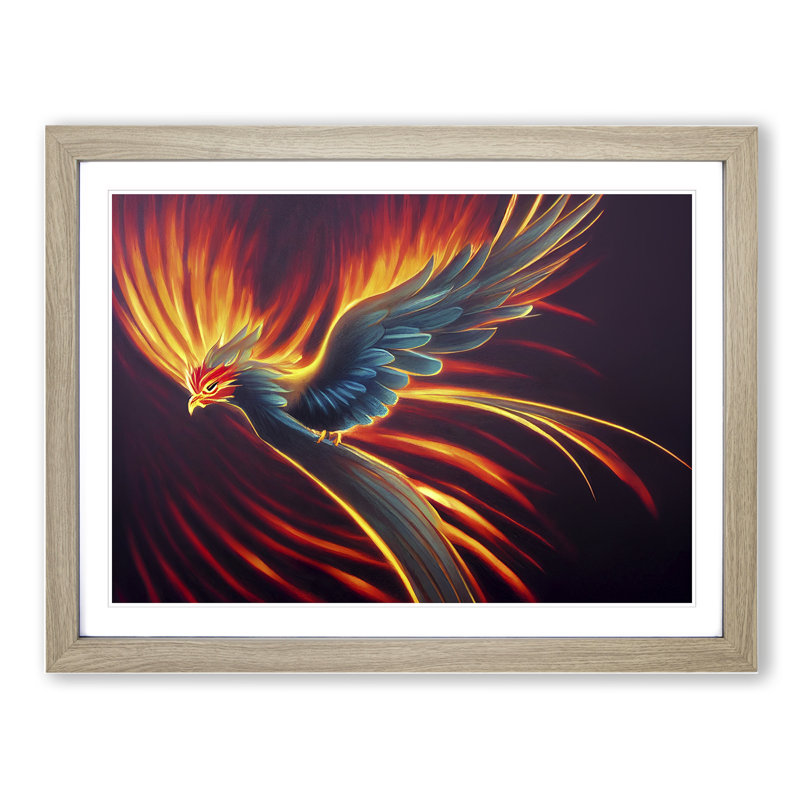 Explosive Phoenix Bird 1 Piece Single Picture Frame Wall Art, 34cm H x 46cm W x 2cm D, Oak
