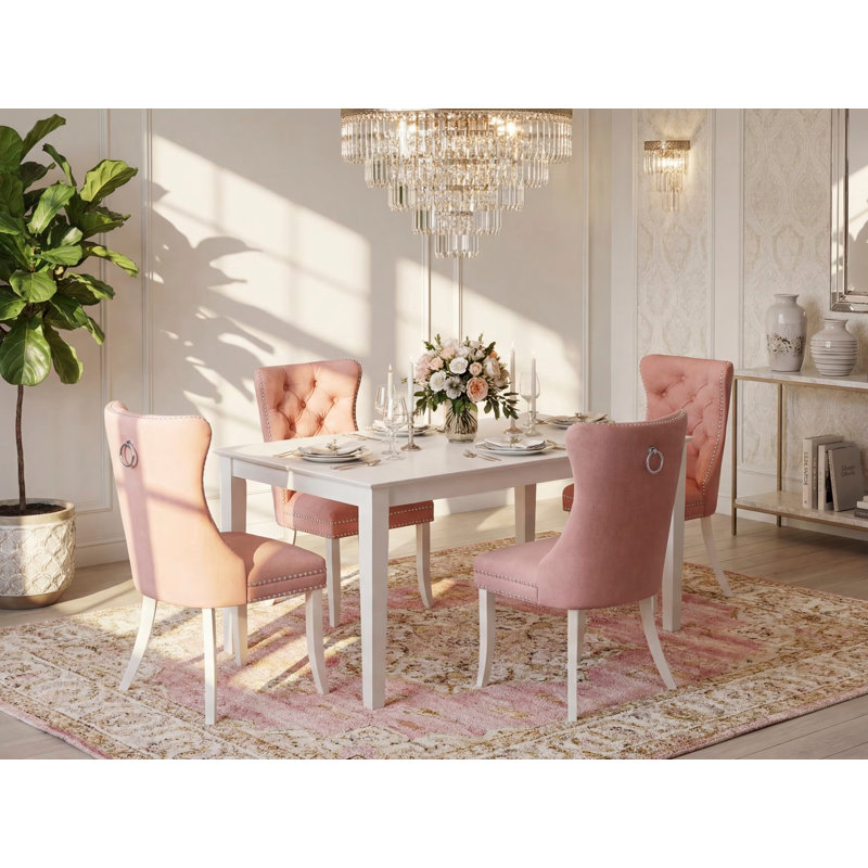Ensemble de table de salle à manger 5 pièces composé d'une table de cuisine rectangulaire et de 4 chaises rembourrées en tissu polyester, lin blanc