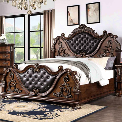 Grand lit de luxe grand, style traditionnel, cerisier brun, bois massif et bois de marbre, faux sculpté