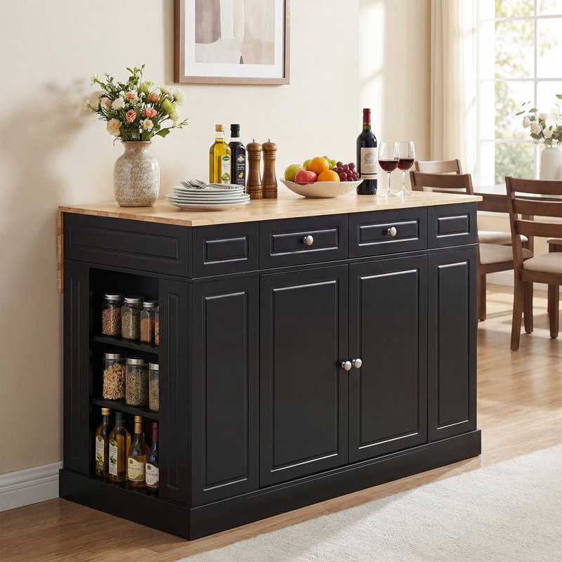 Skylaar Solid Wood Top Kitchen Island, Black