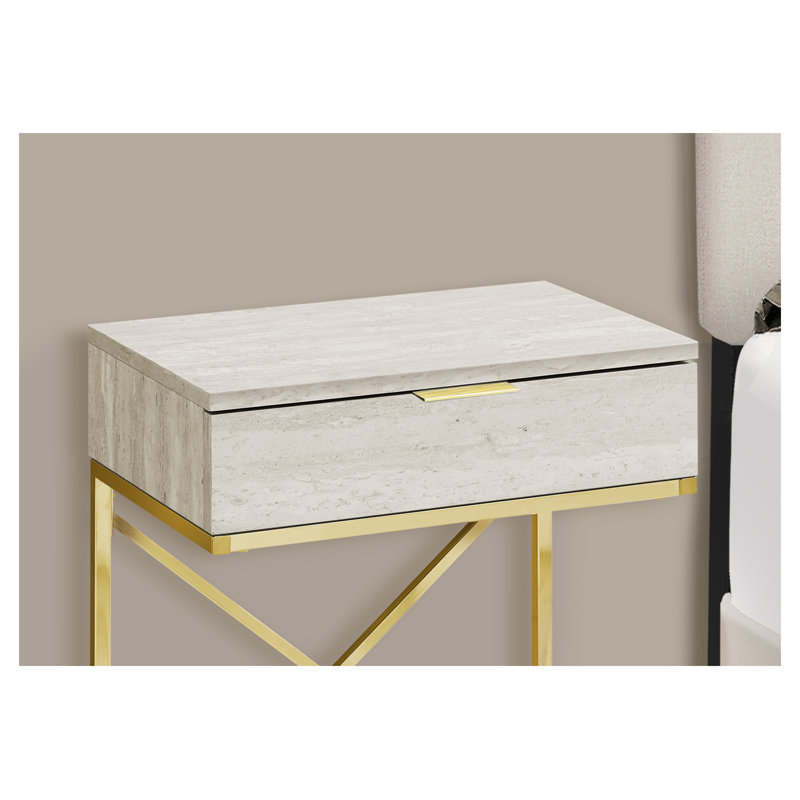 Table d'appoint moderne avec tiroir de rangement - table d'appoint en métal doré aspect marbre beige, table de bout pour le salon, table de chevet pour la chambre à coucher