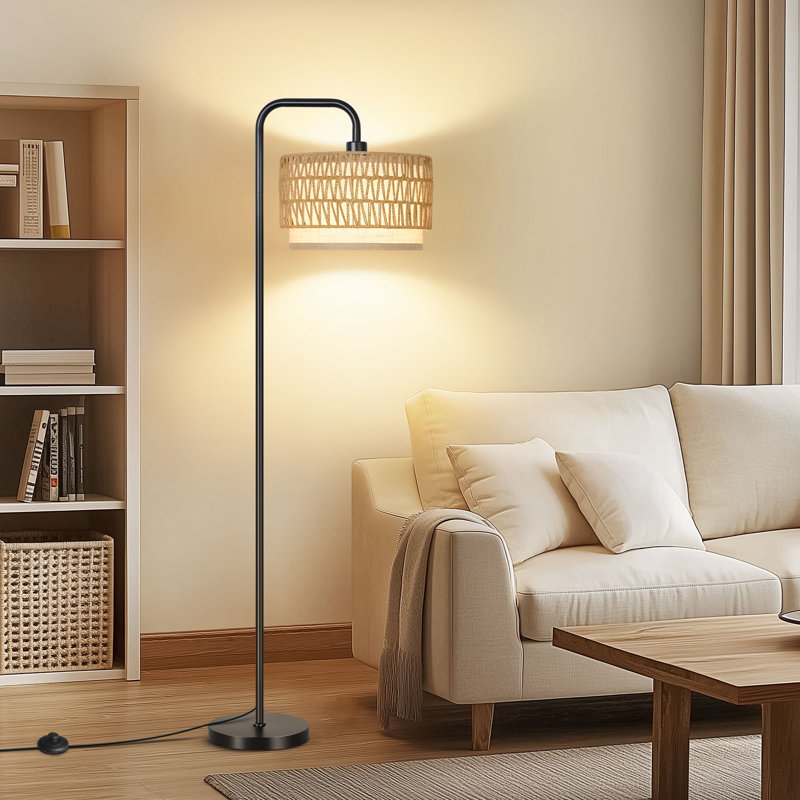 Lampe sur pied en rotin arqué 68 po avec ampoule et télécommande, Noir, noir, noir, noir
