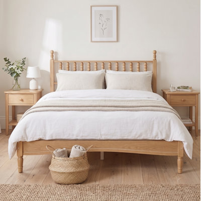 Solid Wood Retro Platform Bed with Gourd Spindle Headboard and Slat Support, No Box Spring Required, Multiple Sizes and Finishes