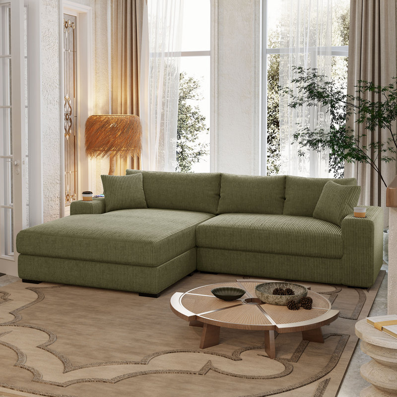 Landry Corduroy Sectional Sofa With Cup Holders & Charging Ports, Green