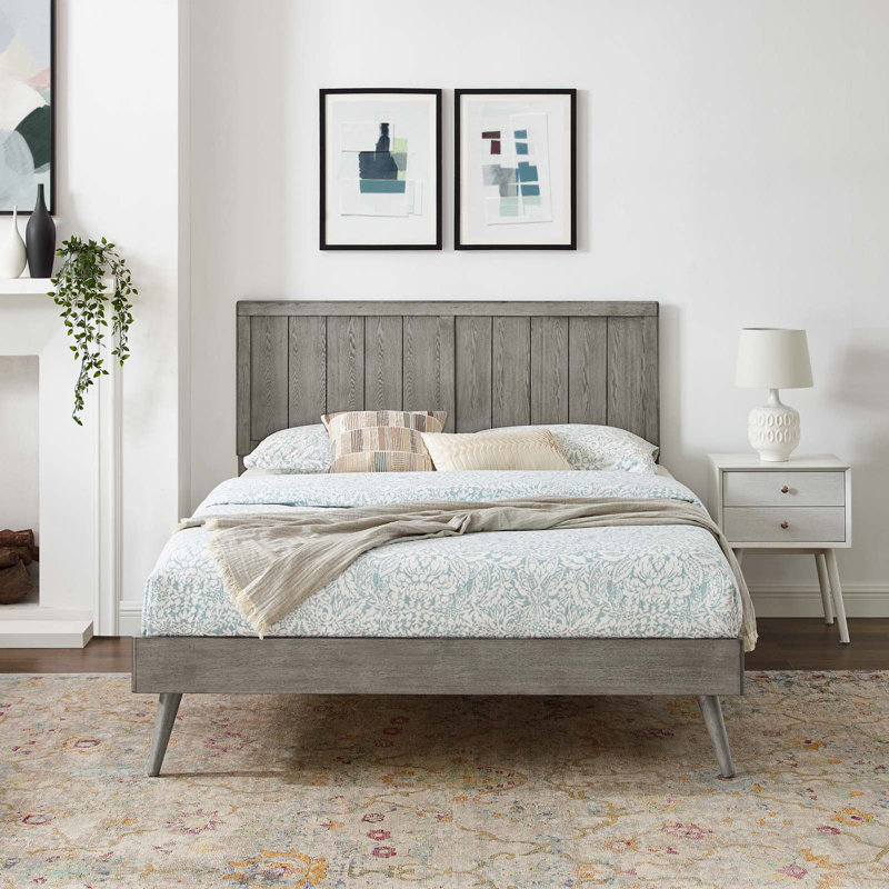 Alana Wood Platform Bed with Splayed Legs, Full/Double, Gray