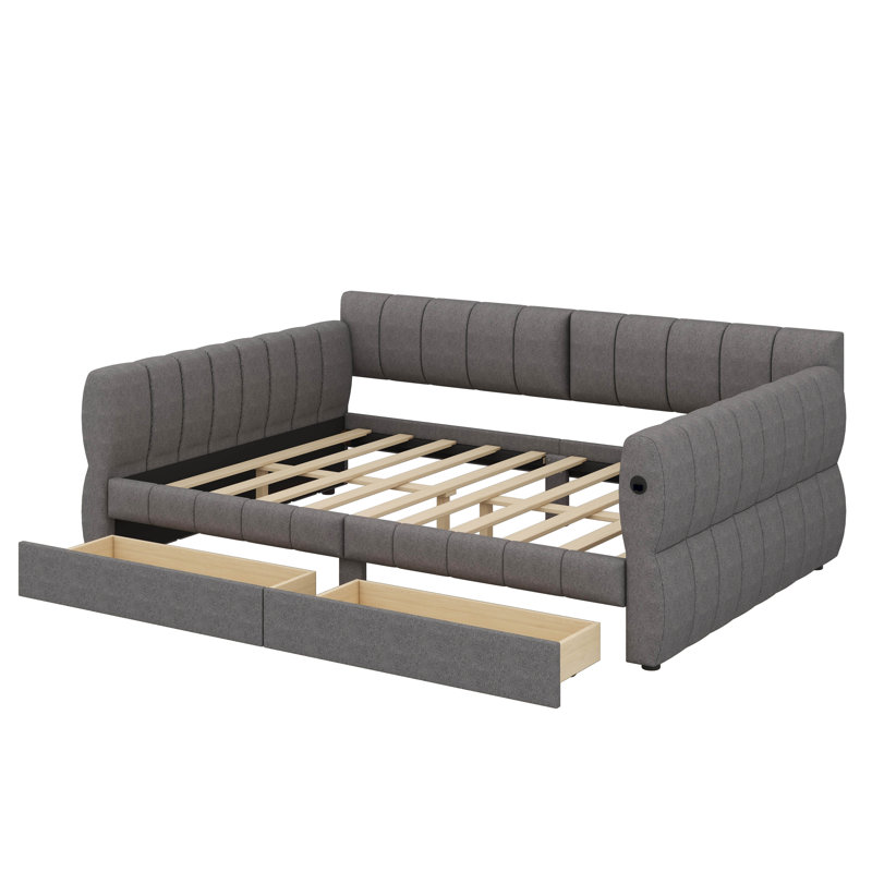 Grand lit tapissier en tissu avec chargement USB intégré et 2 tiroirs, Gris