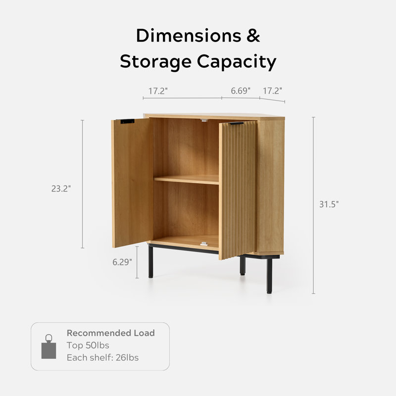 Armoire d'angle cannelée avec 2 portes et 2 tablettes à niveaux, Chêne