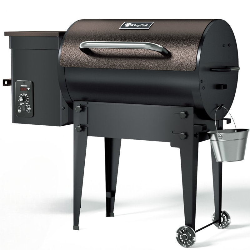 Kingchii 456 pieds carrés Barbecue en bois avec fumoir et barbecue à granules de bois avec contrôle automatique de la température, pieds pliants pour terrasse extérieure, bronze