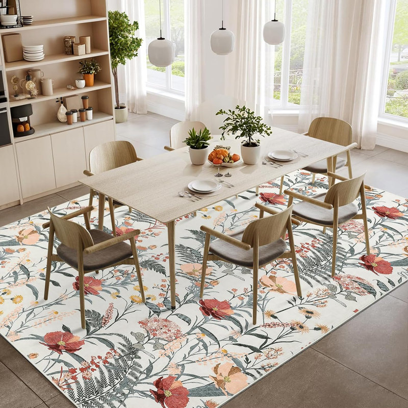 Washable 8x10 Area Rug with Non-Slip Backing, Low Pile Modern Floral Print Carpet for Living Room, Bedroom & Home Office