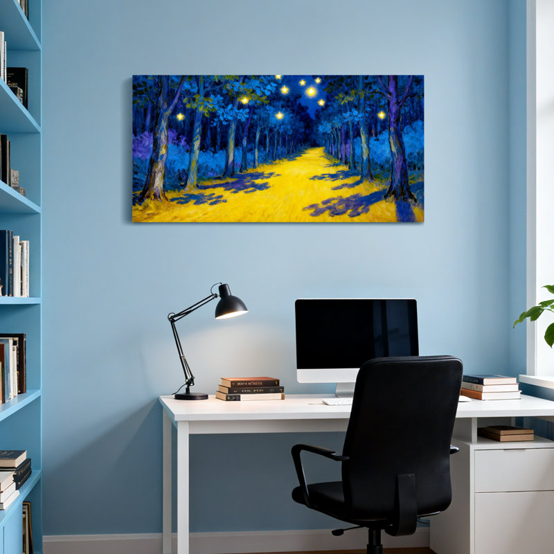 Paysage et nature, chemin jaune dans la nuit de la forêt bleue, H 24 po x l 48 po