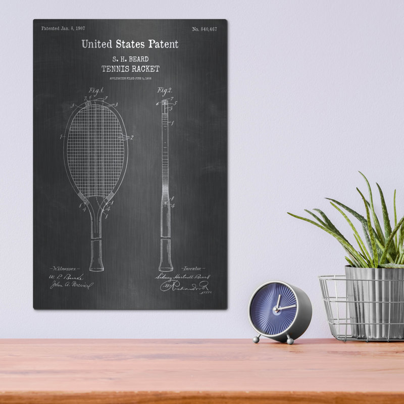 «Tennis Racket Blueprint Vernis Tableau», par Patents, H 16 po x l 12 po