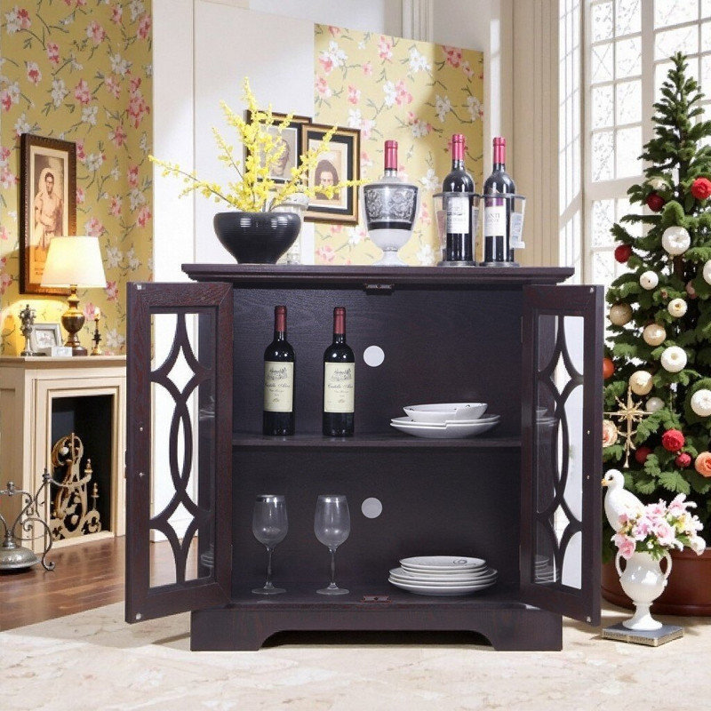 34.4" Wide Sideboard Buffet Cabinet With 2 Tempered Glass Doors & Adjustable Shelf, Engineered Wood Storage, Ox Blood Red