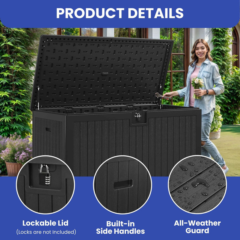 Edrosie Inc 63'' W 230 Gallons Water Resistant Resin Lockable Deck Box, Black