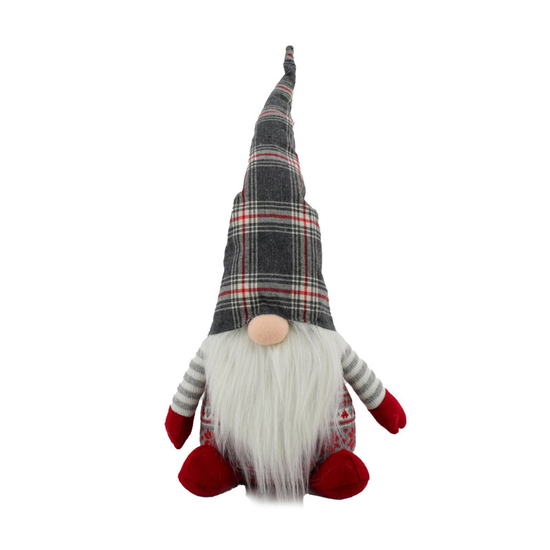 Gnome en tissu 9 x 6 x 24,7 po avec chapeau à carreaux gris / rouge