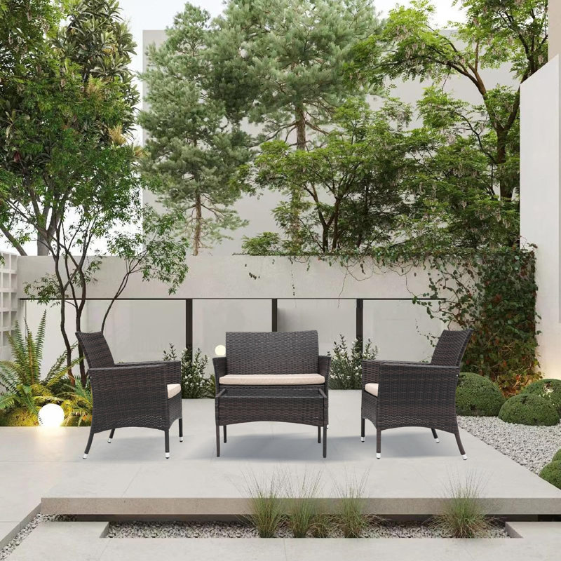 Ensemble de meubles de patio 4 pièces avec coussins, Beige, Brun