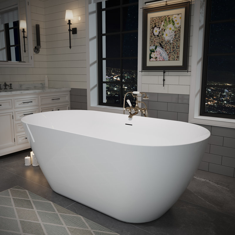 Baignoire autoportante en acrylique de 55 po x 28,74 po, baignoire ovale profonde avec bonde escamotable centrale et trop-plein intégré pour spa de salle de bain, blanc brillant