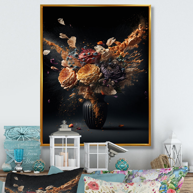 «Still Life with Exploding Blossoming Flowers», reproduction sur toile, H 20 po x l 12 po x P 1 po, Cadre flottant doré