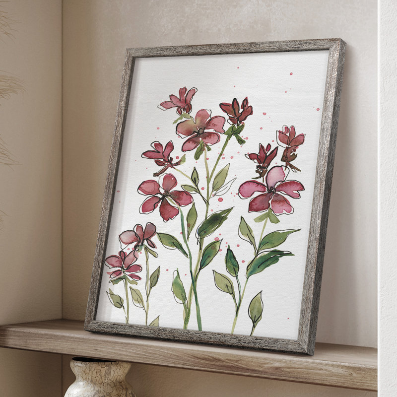 Aquarelle sur tiges florales II, reproduction encadrée - bois massif, H 21 po x l 17 po