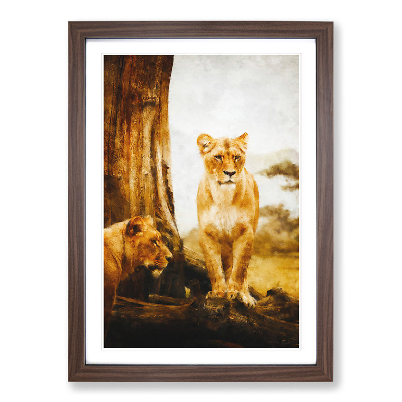 Two Lioness - Picture Frame Painting, 65cm H x 48cm W x 2cm D, Walnut Framed