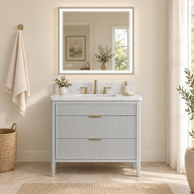 Meuble-lavabo sur pied gris mat de 91 cm avec lavabo intégré et miroir de courtoisie à DEL de 91 x 91 cm.