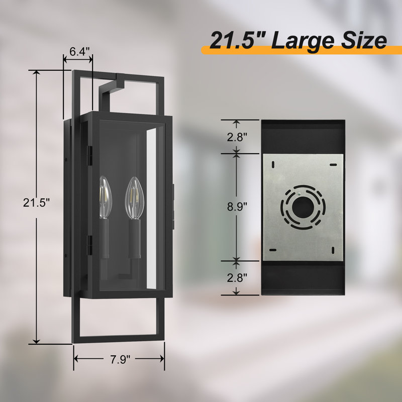 Lanterne murale d'extérieur en fer forgé 2 lumières Selisa avec abat-jour en verre transparent, Noir mat