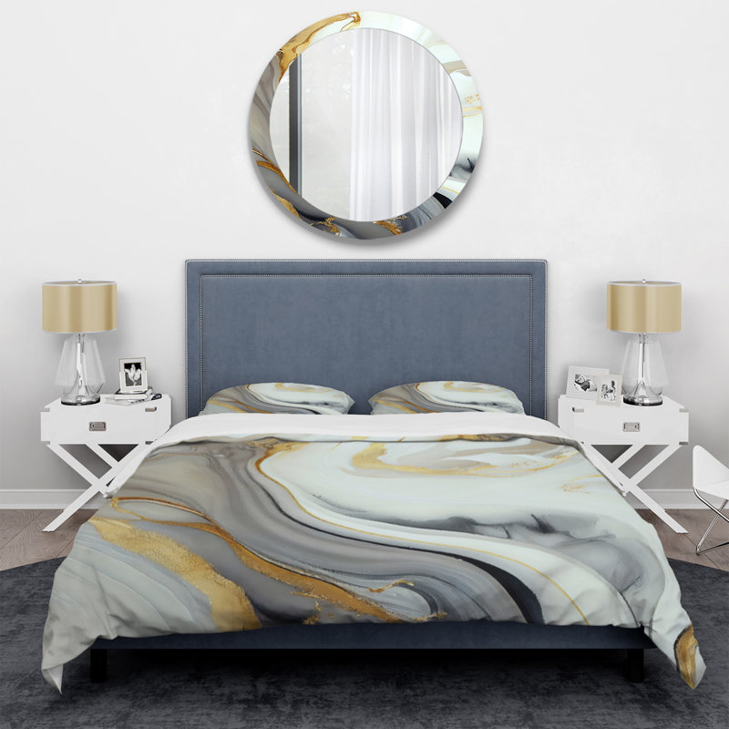 Ensemble de housse de couette transitionnelle moderne en marbre blanc et doré - polyester microfibre