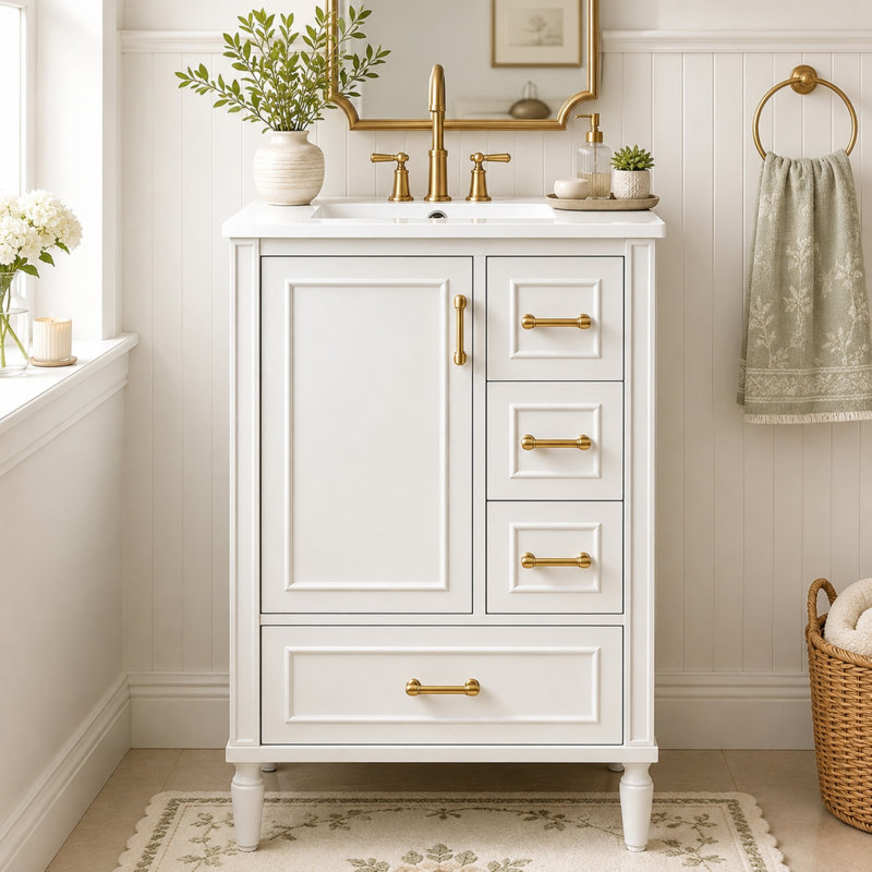 Meuble-lavabo simple 24 po, meuble-lavabo compact, comptoir en céramique, quincaillerie dorée, style rétro, salle de bain