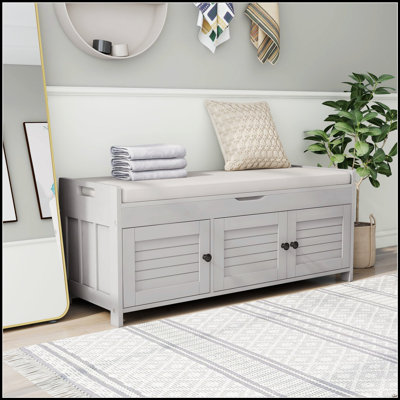 Banc de rangement avec 3 portes en forme de volet, banc à chaussures avec coussin amovible et rangement caché