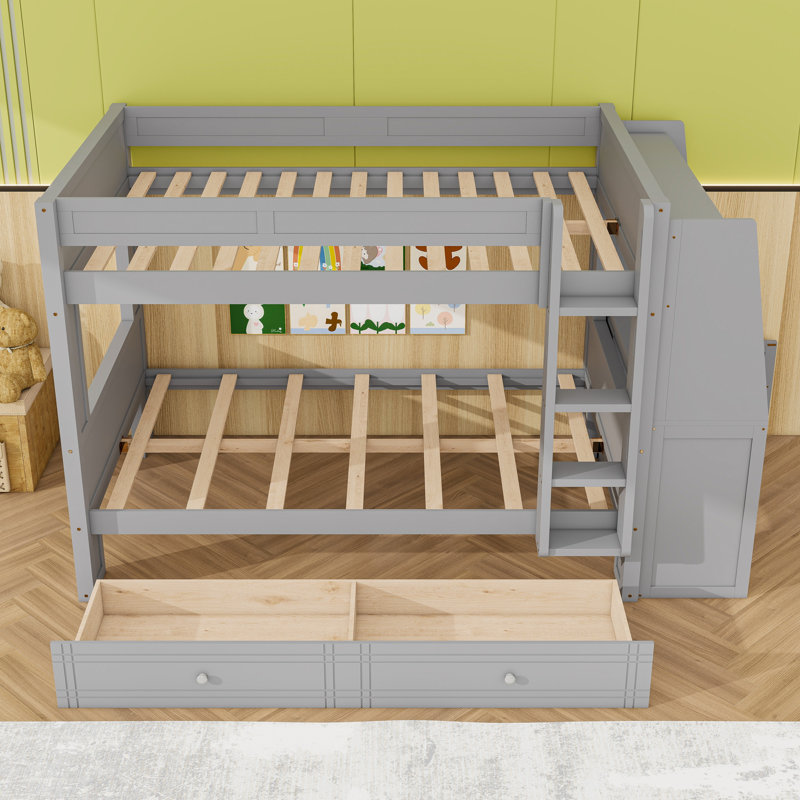 Lit superposé double au-dessus de double avec bureau et tiroirs de rangement, Gris