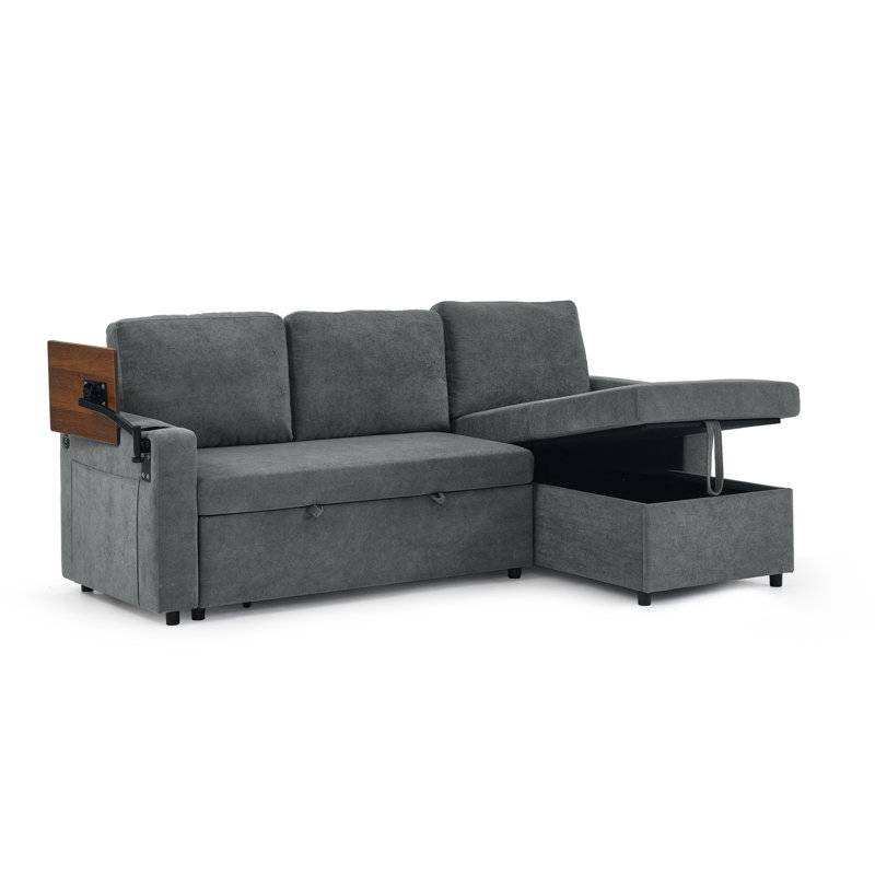 Chenille moderne gris avec lit escamotable, porte-gobelets, rangement et ports de luxe, compartiments de rangement,, Gris