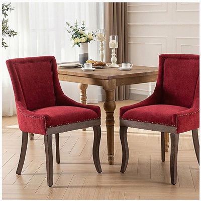 A&A Furniture, Ultra-thin Edge Dining Table and Chair, Thick Fabric Chairs, Neutral Tone Wood Legs, Bronze Head Nails, Two Piece Set, Red, Purple