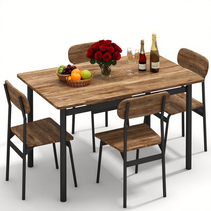 Dining Table Set For 4, 5 Piece Rectangle Farmhouse Wooden Dining Room Table Set With Metal Frame And Wood Tabletop, Kitchen Table Set With 4 Chair For Small Space, Breakfast Nook And Apartment, Restaurant, Brown
