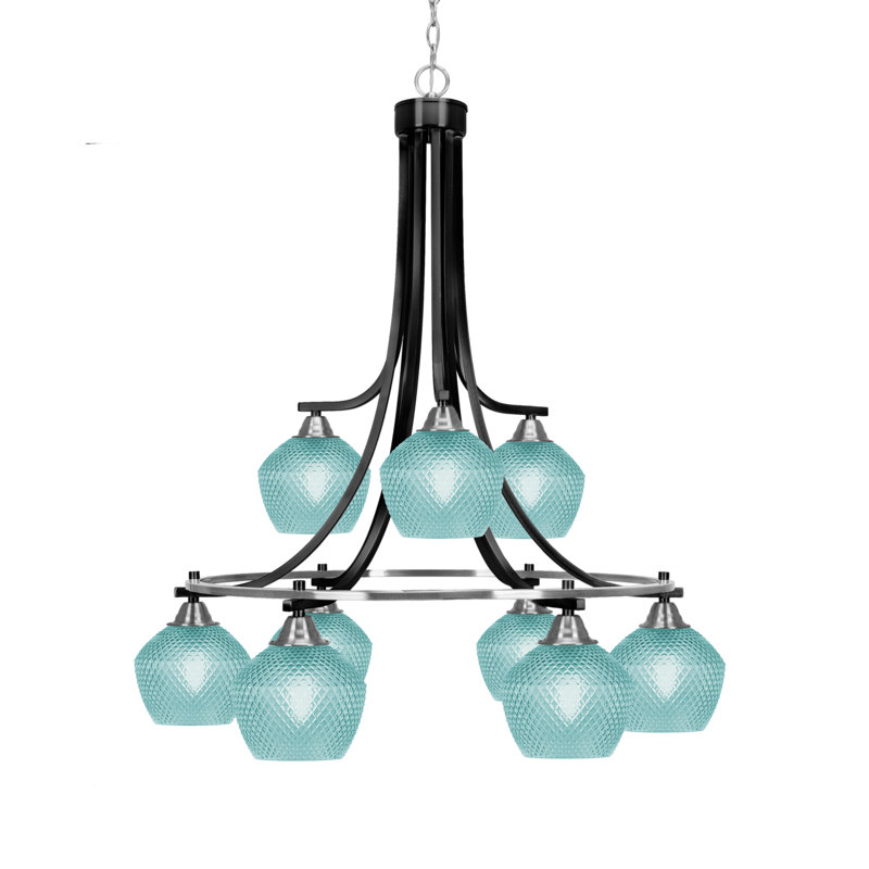 Lustre en cristal 6 lumières à finition nickel brossé 6 lumières Mukkesh, Nickel brossé, Sarcelle