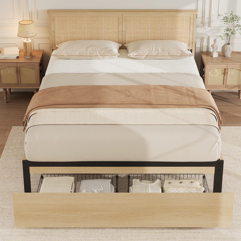 Structure de lit en rotin naturel avec tête de lit en bois, 2 tiroirs de rangement, Très grand lit
